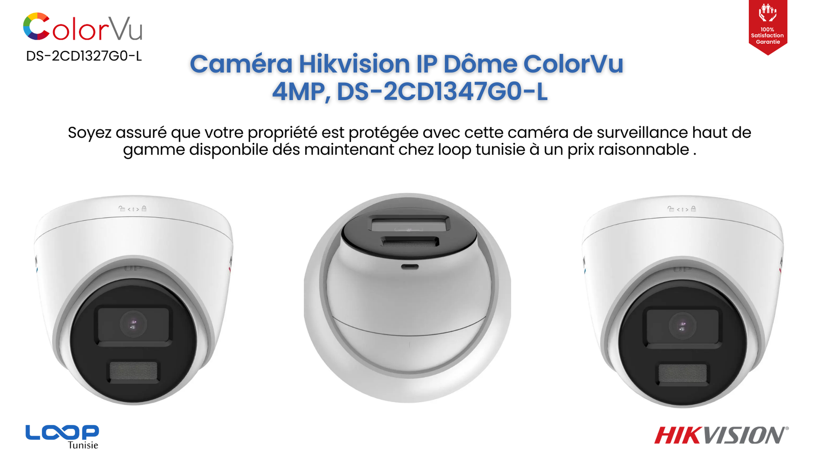 Caméra Hikvision IP Dôme ColorVu, 4MP, 2,8mm, IP67 DS-2CD1347G0-L